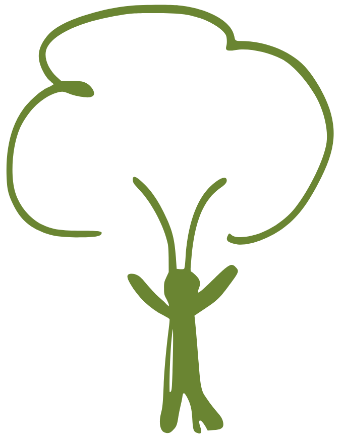 Visuel d'un bonhomme les bras tendus vers le ciel devant un arbre pour représenter les parenthèses de reconnexion Corps & Nature
